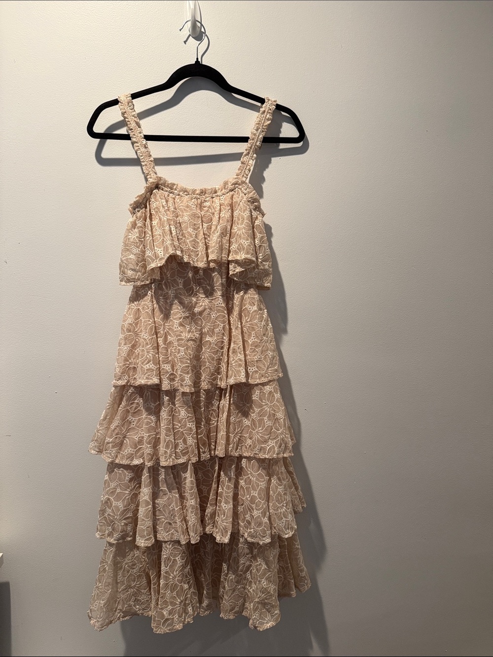 Tiered Lace Midi Sundress with Ruffle Straps in Tan